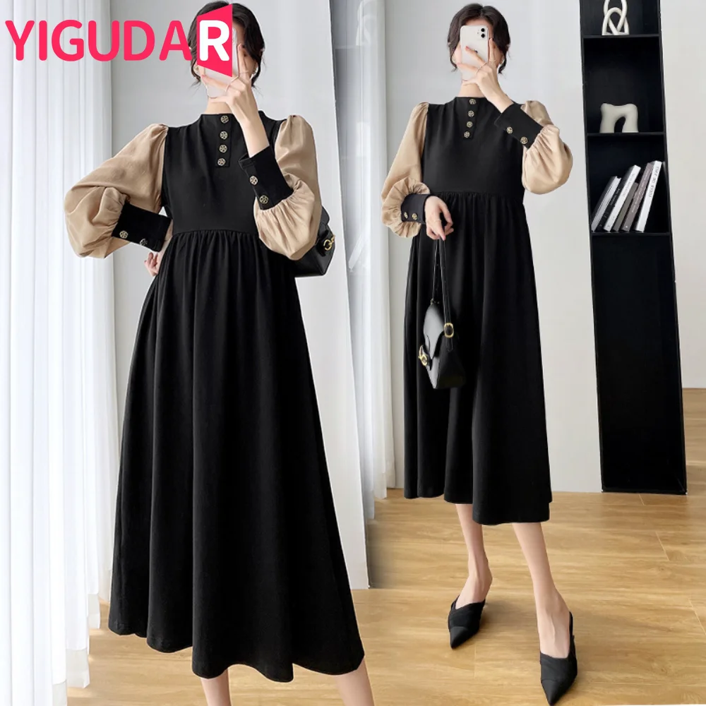 2023 Autumn maternity dress Elegant Fashion Button Dress pregnant women clothing Long Sleeve Patchwork Vestido de fotografia