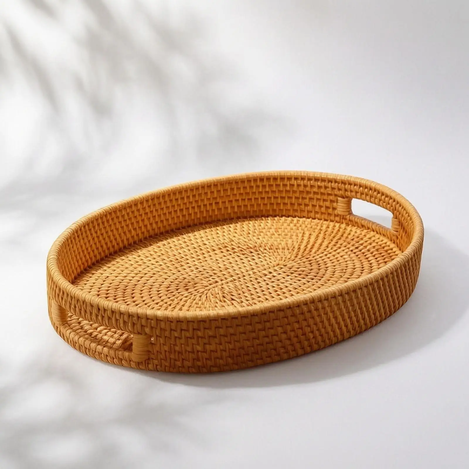 Natural Wicker Storage Basket Serving Tray with Cutout Handles for Coffee Table Tea Snack Decorative Use