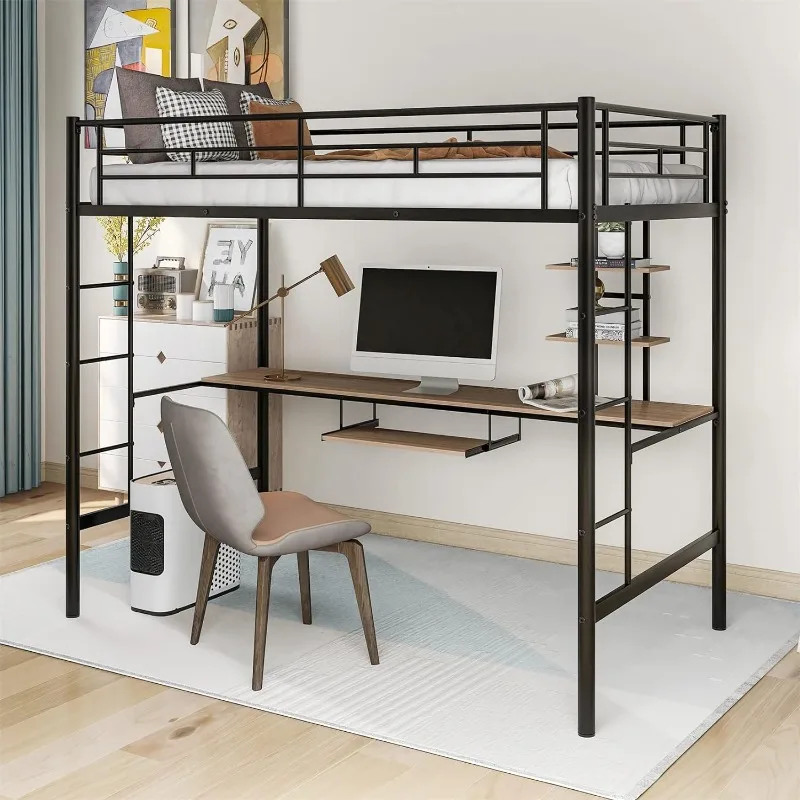 Metal Loft Bed Studio Loft Bunk Bed Over Desk and Bookcase with 2 Ladders and Keyboard Tray,Twin Loft Bed for Dorm