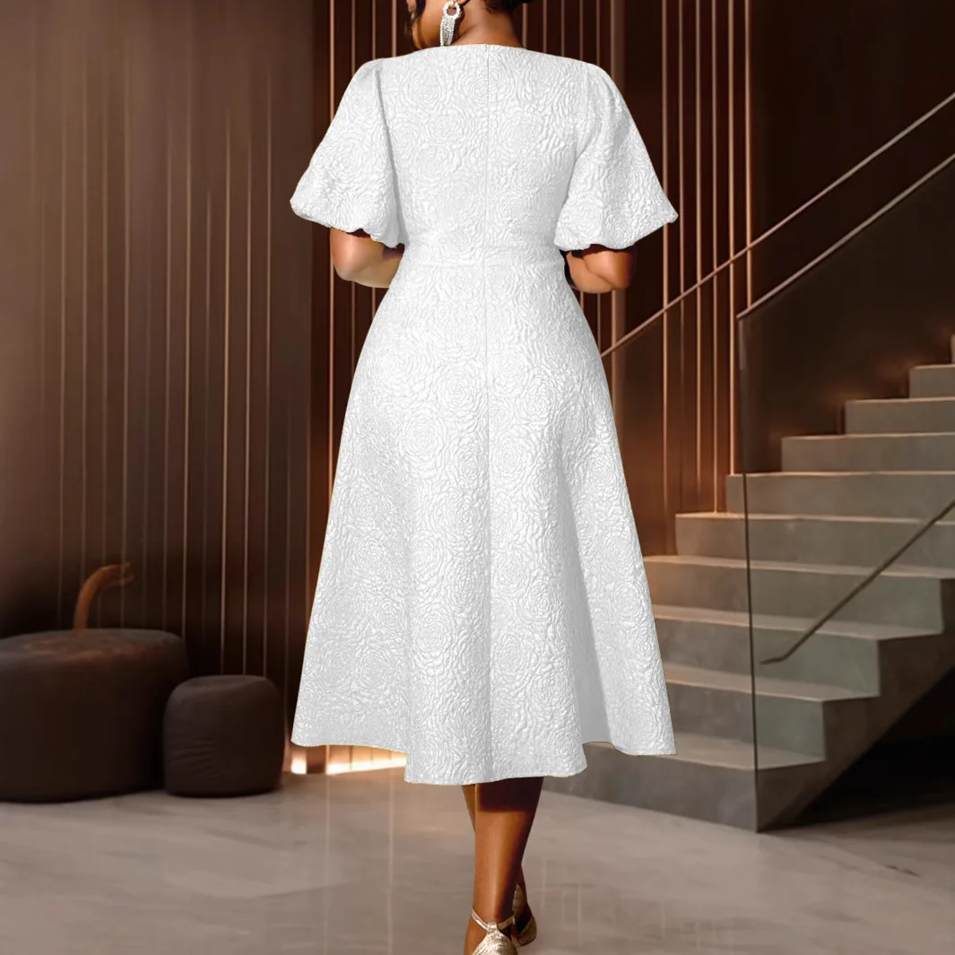 Am 040856 nova rosa jacquard em torno do pescoço vestido de deslocamento tridimensional flor a linha saia vestido robe feminino festa