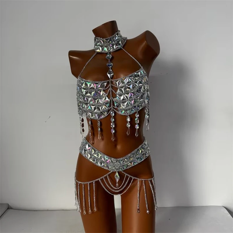 Damen 2-Teiliges Set Strass-Outfits Kristall-Neckholder-Top+Minirock Sexy Quasten-Körperkette Schmuck Nachtclub Bühne Festival – Detail 2