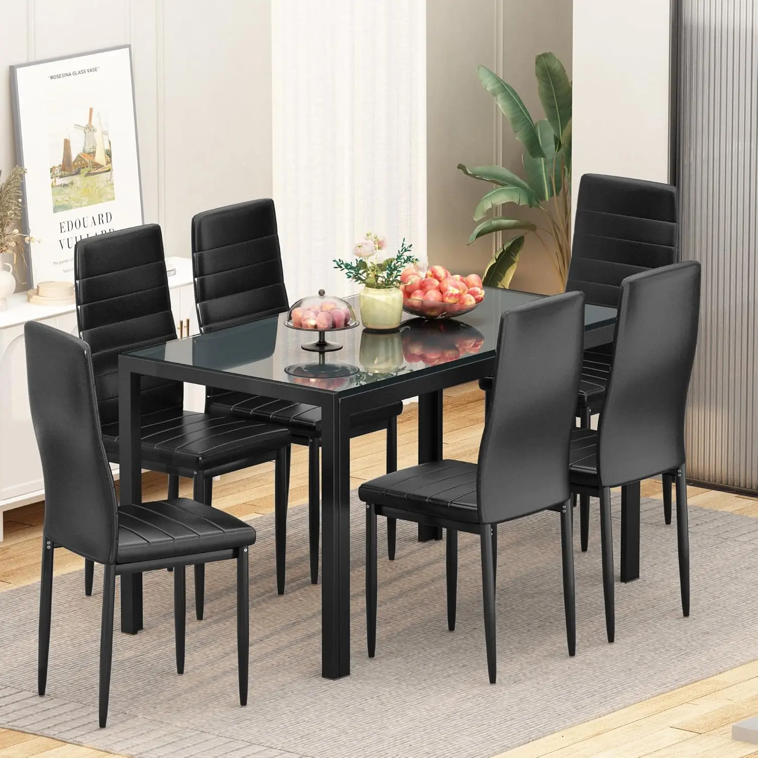 NIEUW 7-delige keuken 6 personen, tafel van gehard glas en PU-lederen stoelen Moderne eetkamersets voor kleine ruimtes, zwart