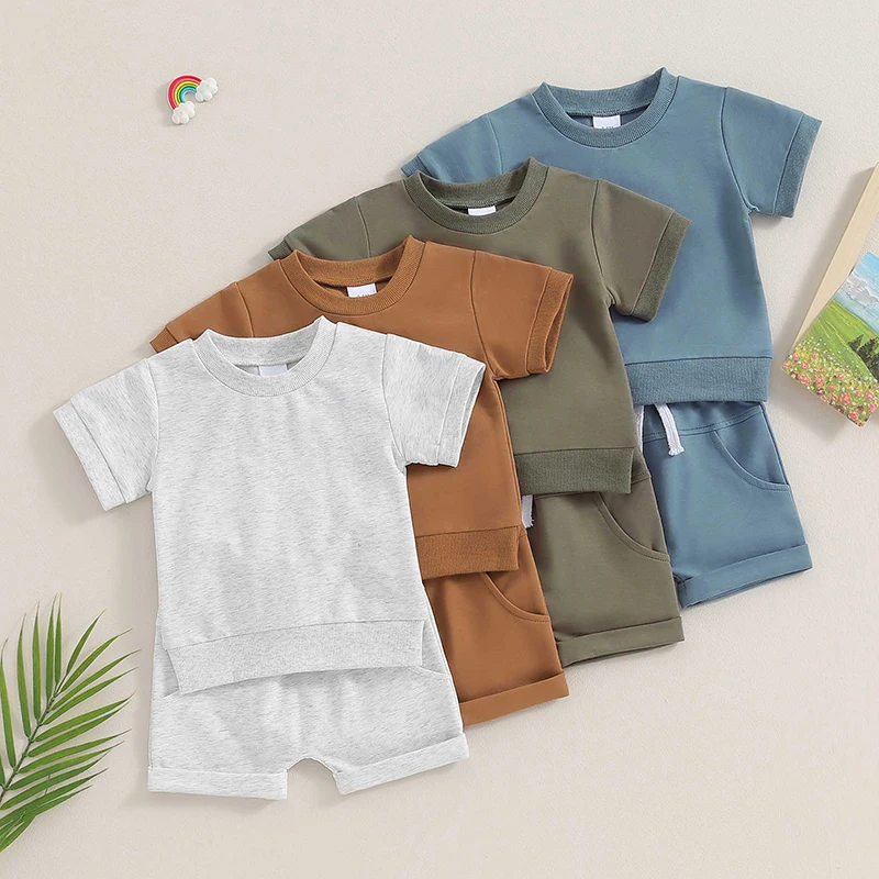 Toddler Baby Summer Clothes Solid Color Short Sleeve Round Neck T-Shirt with Shorts 2Pcs Outfit