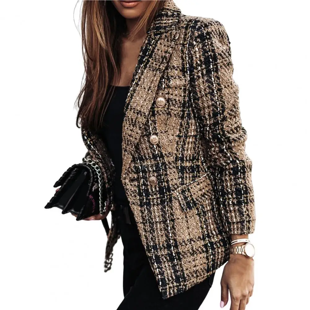 Blazer da donna doppiopetto con stampa scozzese risvolto maniche lunghe Cardigan caldo spesso cappotto invernale da lavoro formale abbigliamento