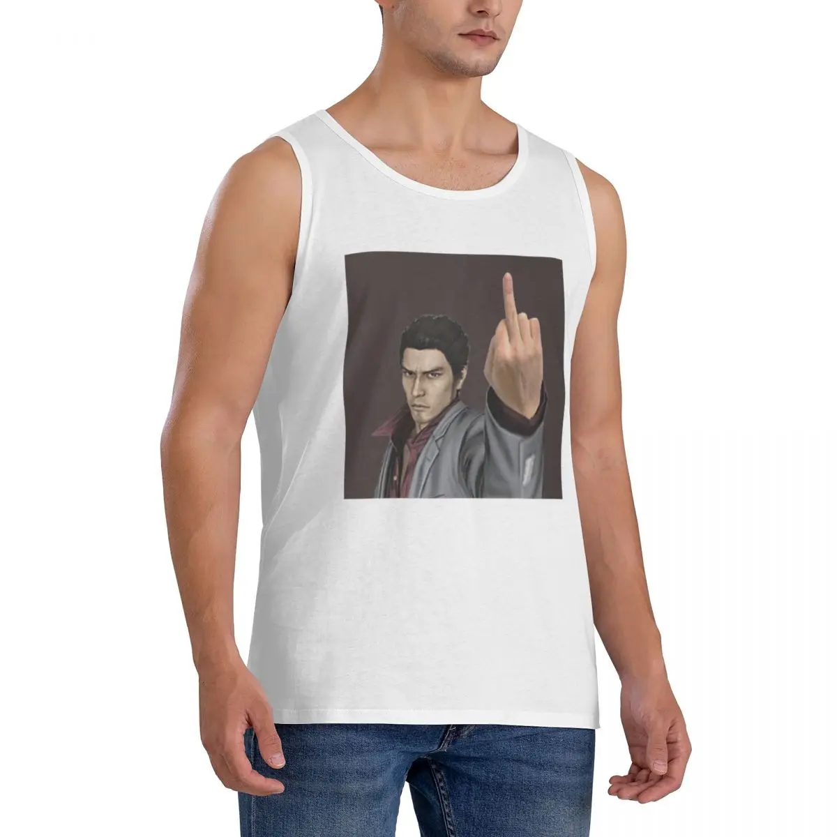 100% Cotton Kazuma Kiryu Middle Finger Sleeveless T-Shirt Men Workout Sports Clothing Tops Men's Crew Neck Vest
