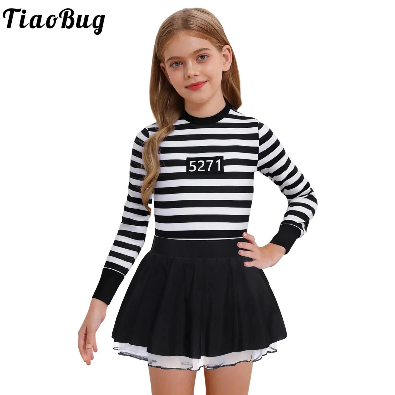 Kids Girls Prisoner Cosplay Costume Prison Jailbird Convict Uniform Long Sleeve Ruffled Striped Dress Halloween Party Dress Up