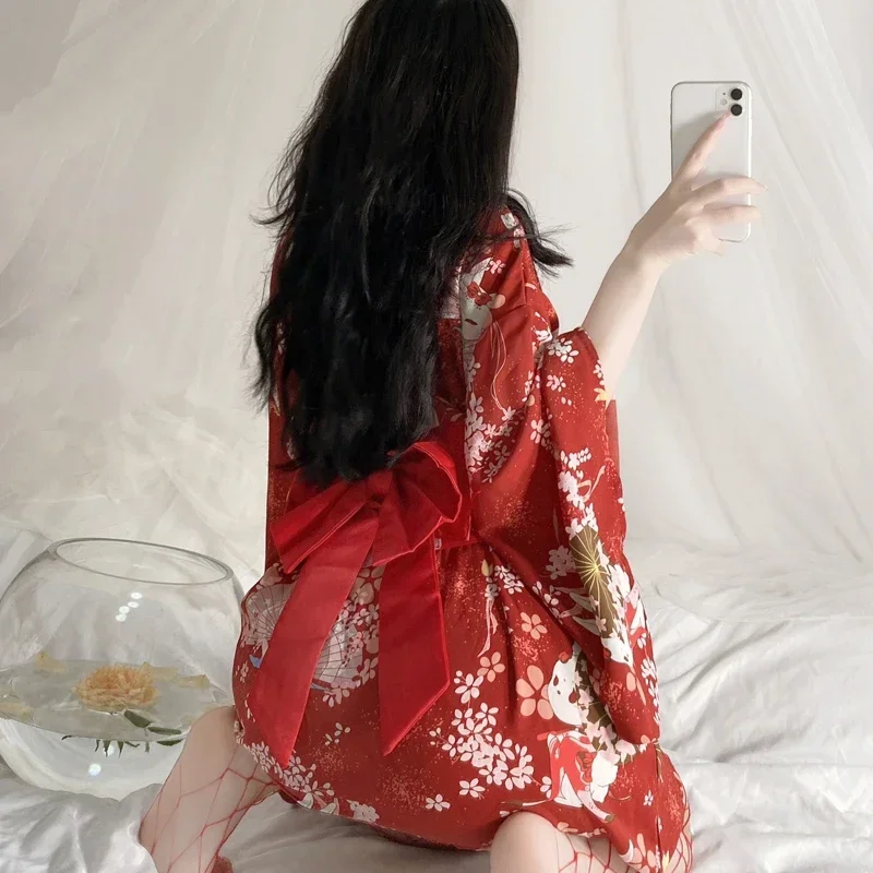 Kimono Japonais en Satin avec Ceinture à la Taille pour Femme, Uniforme de Cosplay, Tenue Sexy avec Robe, Costumes de Tentation, Ensemble de Pyjama