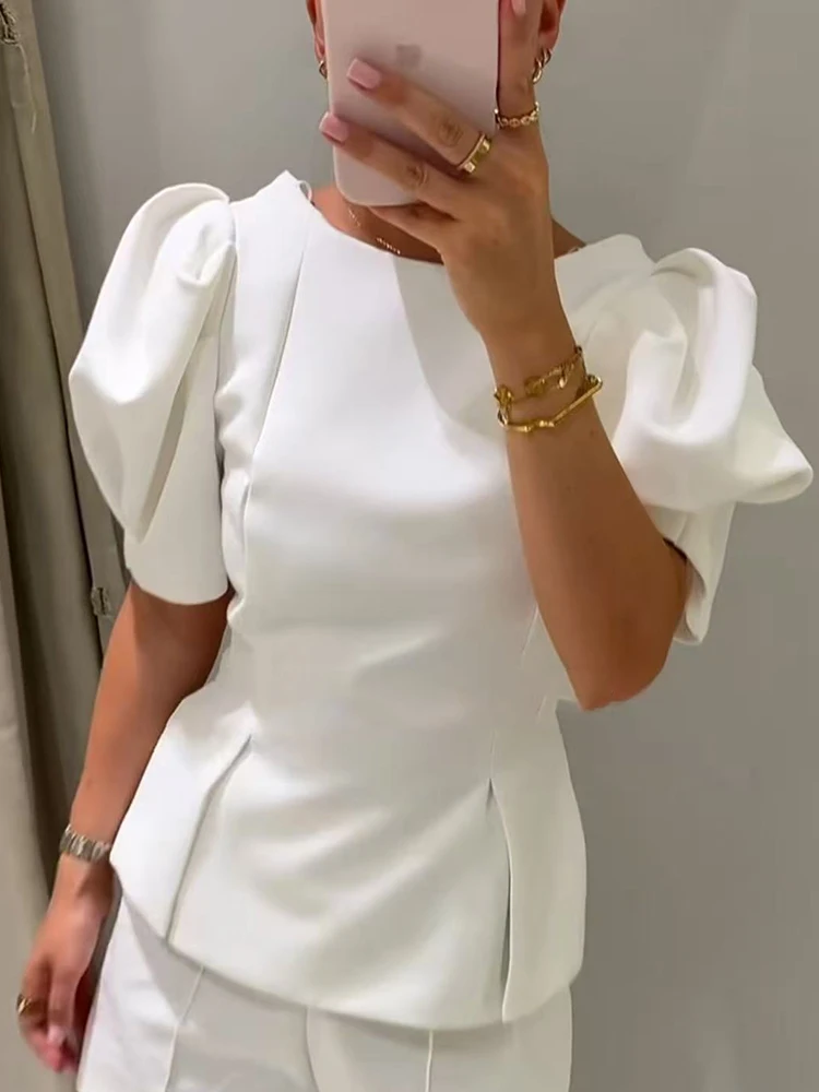 Chic Woman’s Elegant Blouses New Puff Short-Sleeved Split Hem Top 2026 Summer Backless Fitted Shirt Cute Tops Streetwear