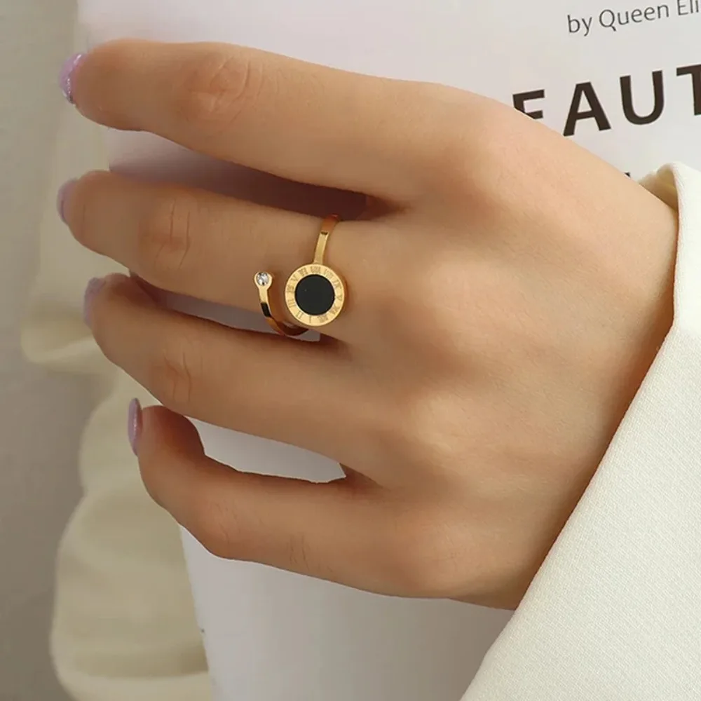 Vintage Roman Numeral Zircon Tail Ring Black Shell Stainless Steel Wide Edge Rings Adjustable Opening Aesthetic Party Jewelry