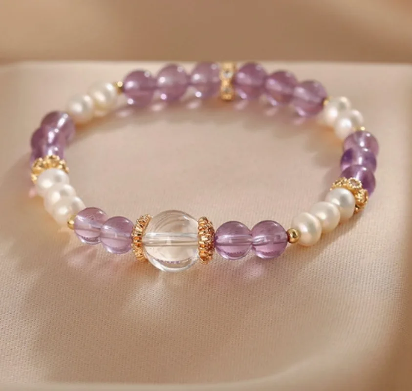 

Minar Retro Purple Natural Stone Crystal Freshwater Pearl Beads Elastic Strand Bracelets for Women 14K Real Gold Plated Copper