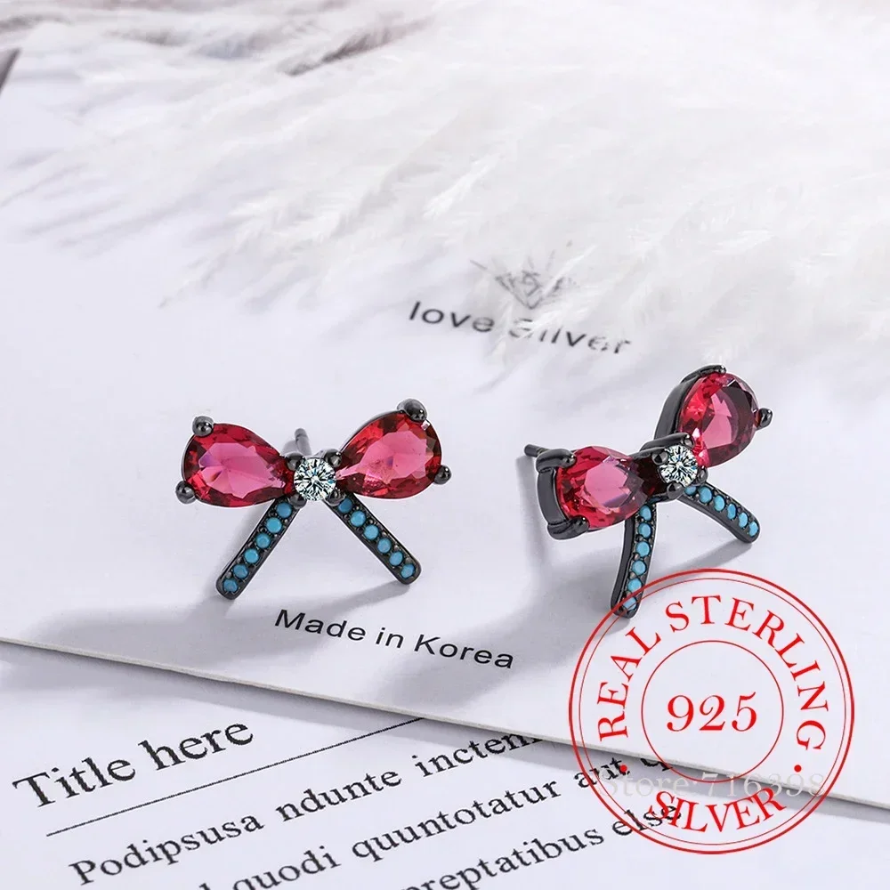 Genuine 925 Sterling Silver Red Stone Bowknot Stud Earrings For Women Fashion Charm Wedding Engagement Party Jewelry pendientes