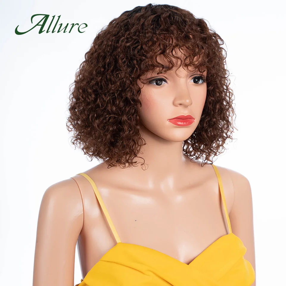 Brazilian Human Hair Wigs For Black Women Natural Jerry Curly Wig With Bangs Kinky Curly Hair Short Bob Wigs Glueless Allure