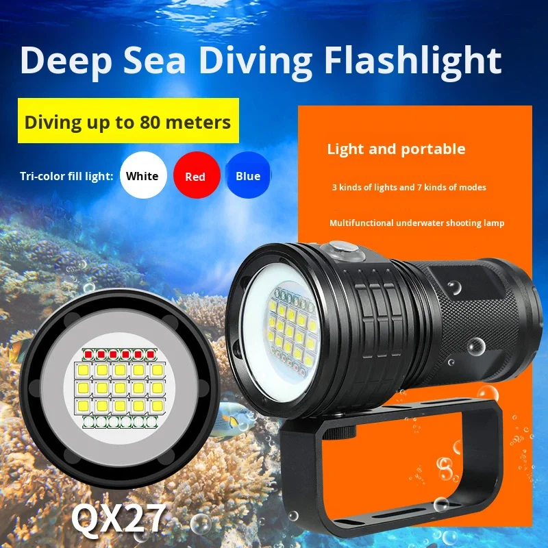 New 500W Photography Light 80m Diving Flashlight Red and Blue Light High Power Underwater 300-500m IP68 USB Rechargeable