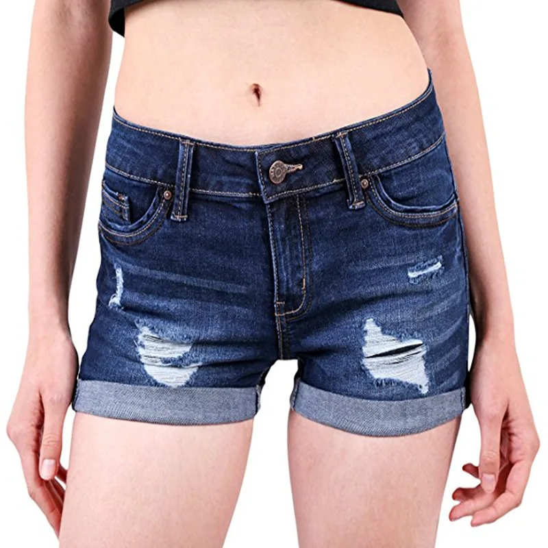 Ebaywish Summer New Women's Denim Shorts Cuffed Hot Pants Trendy High Waist Tight Fit Commute Style mid Stretch Jeans Fabric