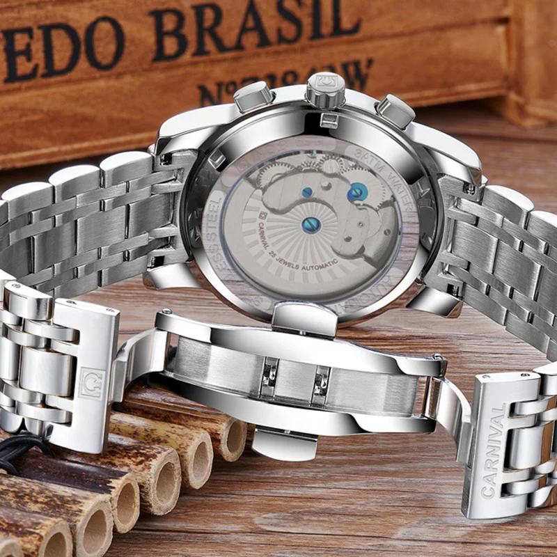 Imagem -05 - Carnival Nova Moda Relógio Automático Tourbillon Homens Semana Calendário Luminosa Impermeável Azul Relógios Mecânicos Relógio Masculino