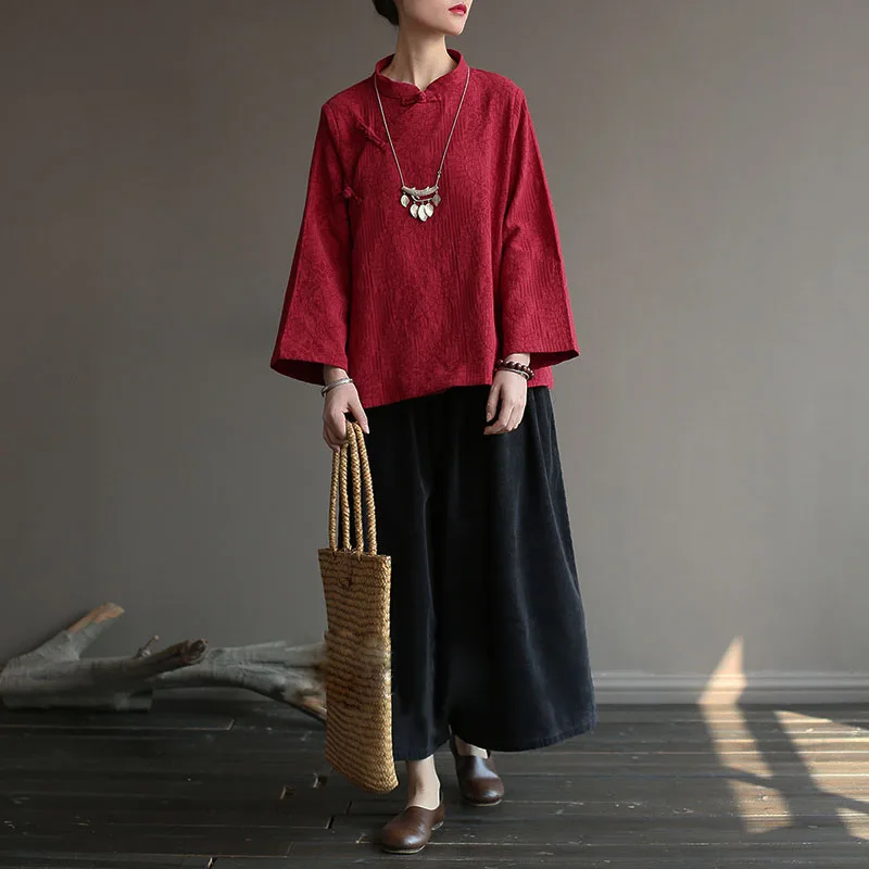 Осенняя женская винтажная рубашка на пуговицах, боковой кардиган с длинным рукавом, повседневная свободная куртка из хлопка и льна в китайском стиле