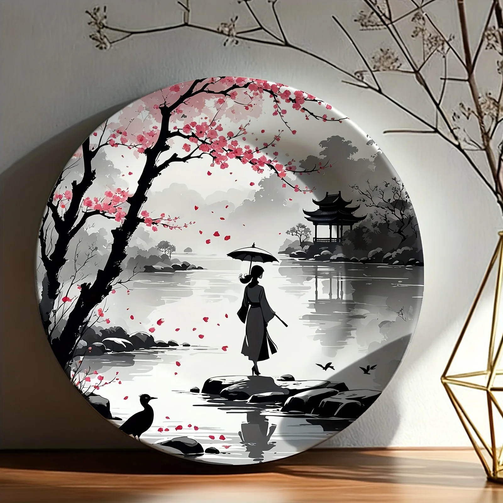 Plato decorativo individual con paraguas para mujer y flores que caen, estilo Jiangnan poético y elegante, cerámica de contacto sin alimentos