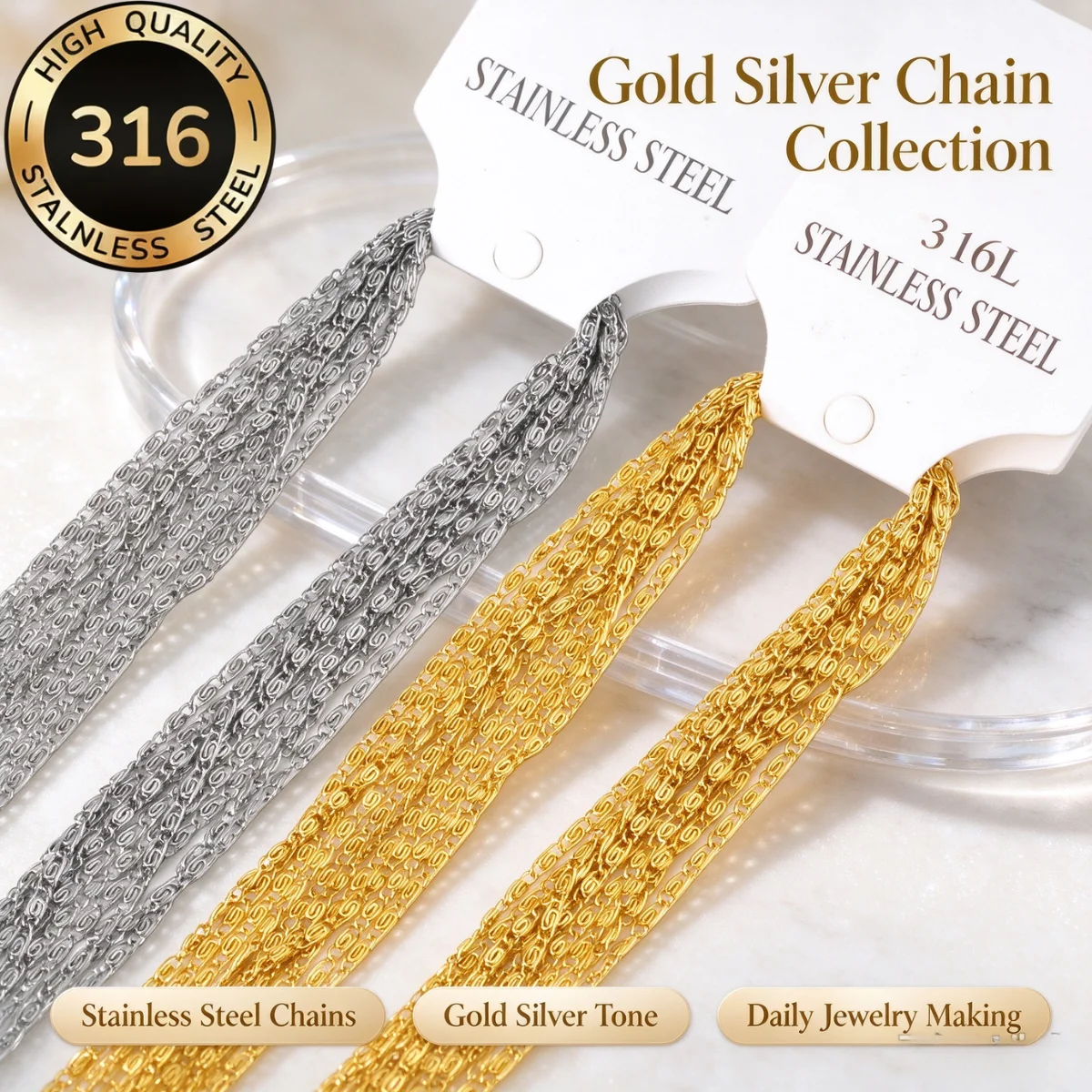 LUXUKISSKIDS 10/30pcs Paperclip Shape Link Chain Necklace Stainless Steel Gold PVD Plated 2MM Width Thin Basic Jewelry Wholesale