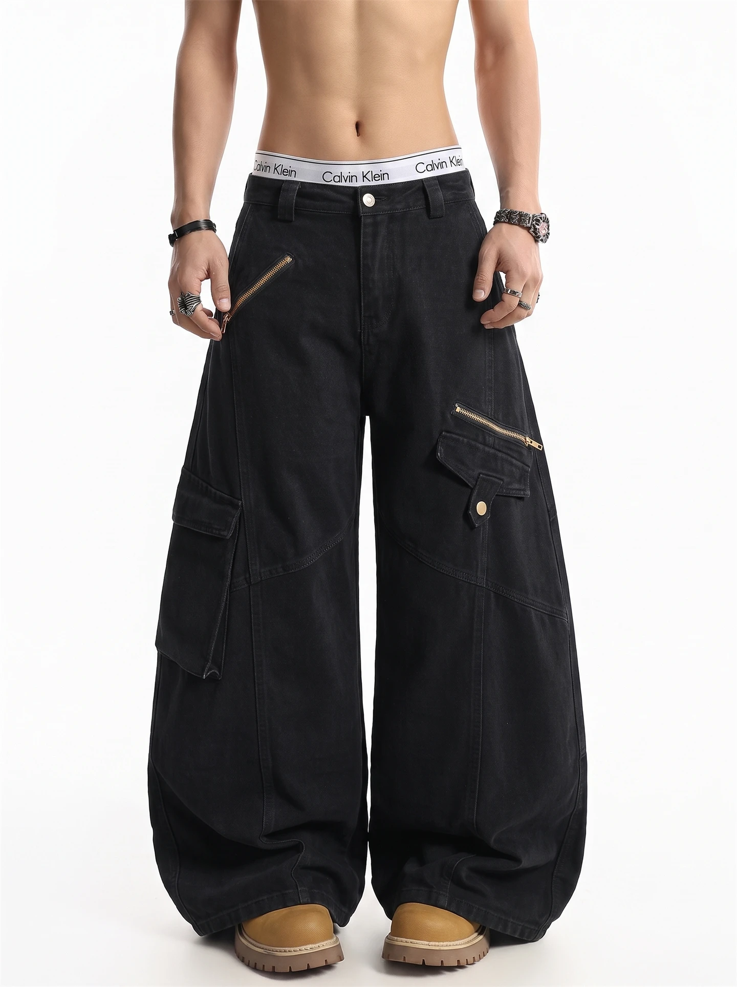 American High Street Retro Multi Pocket Deconstructed Cool Street Wide Leg Knife Workwear Jeans Men Straight Loose Fit Summer