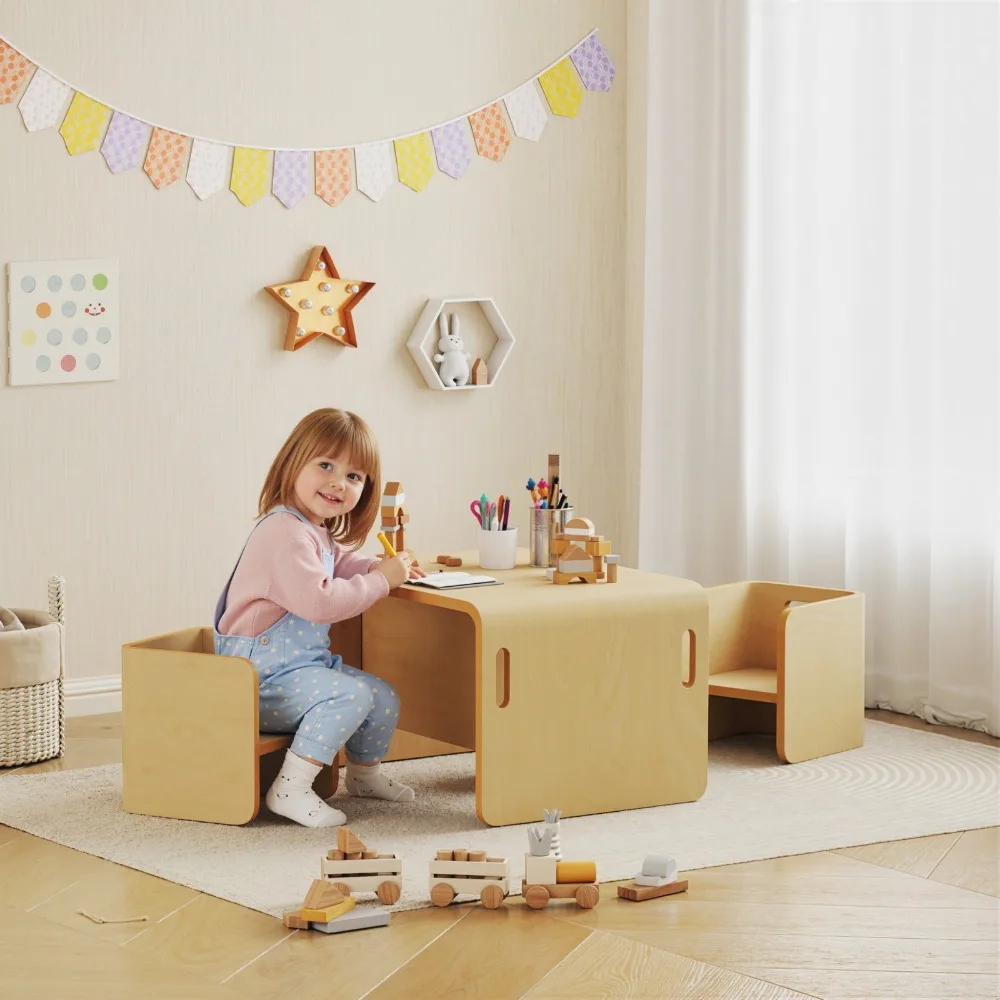 Kids Table and Chair Set, Wooden Activity Table with Chairs, Natural