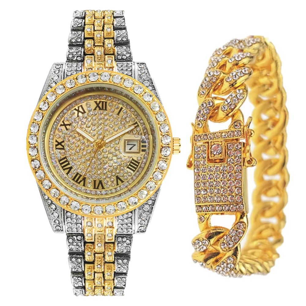 2PCS Full Iced Out Watches Mens Bracelet Bling Luxury Watch Diamond Jewelry for Men Gold Watch HipHop Mens Watch Set Clocks Gift