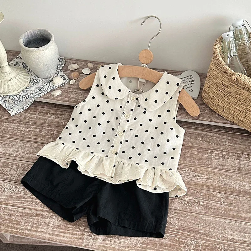 MILANCEL New Summer Baby Clothes Set 6-24M Sweet Thin Toddler Girls Dots Shirt +Black Shorts Ventilate Korean Infant Outfit 2PCS