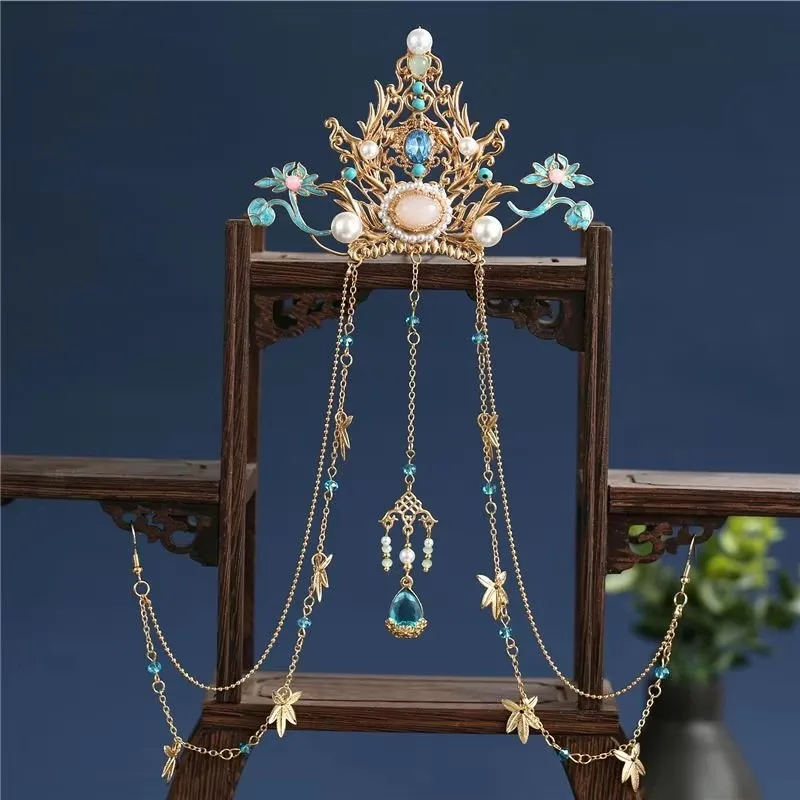 أغطية رأس نسائية زهور زرقاء مع زخارف شعر بشراشيب معدنية