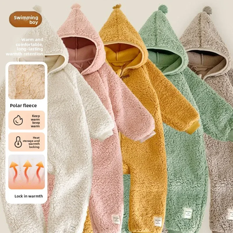 Baby Fleece Rompers Infant Crawling Clothes for Autumn Winter 2026 Baby Hooded Jacket Girls' Boys' Warm Clothes Jumpsuit