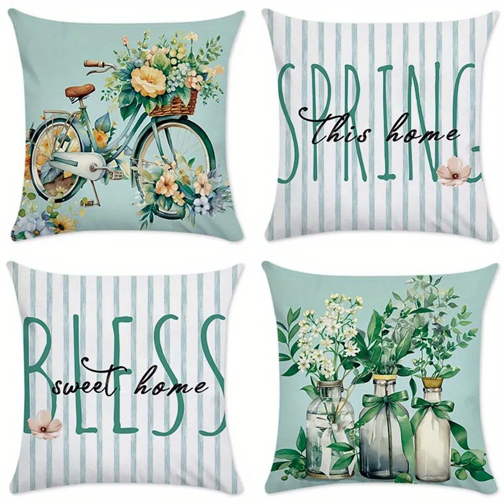 Bicycle Filled with Flowers Spring Bedroom Living Room Sofa Decoration Polyester Cushion Cover Home Decor Pillowcase with Zipper