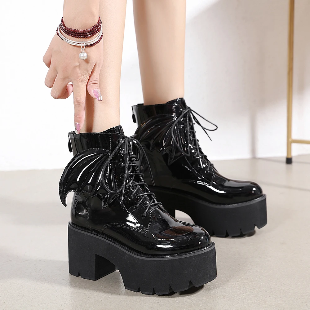 Gdgydh Women\'s Black Back Zipper Chunky Heel Boots Goth Style Lace Up Solid Color Platform Short Boots for Women Fashion Wing