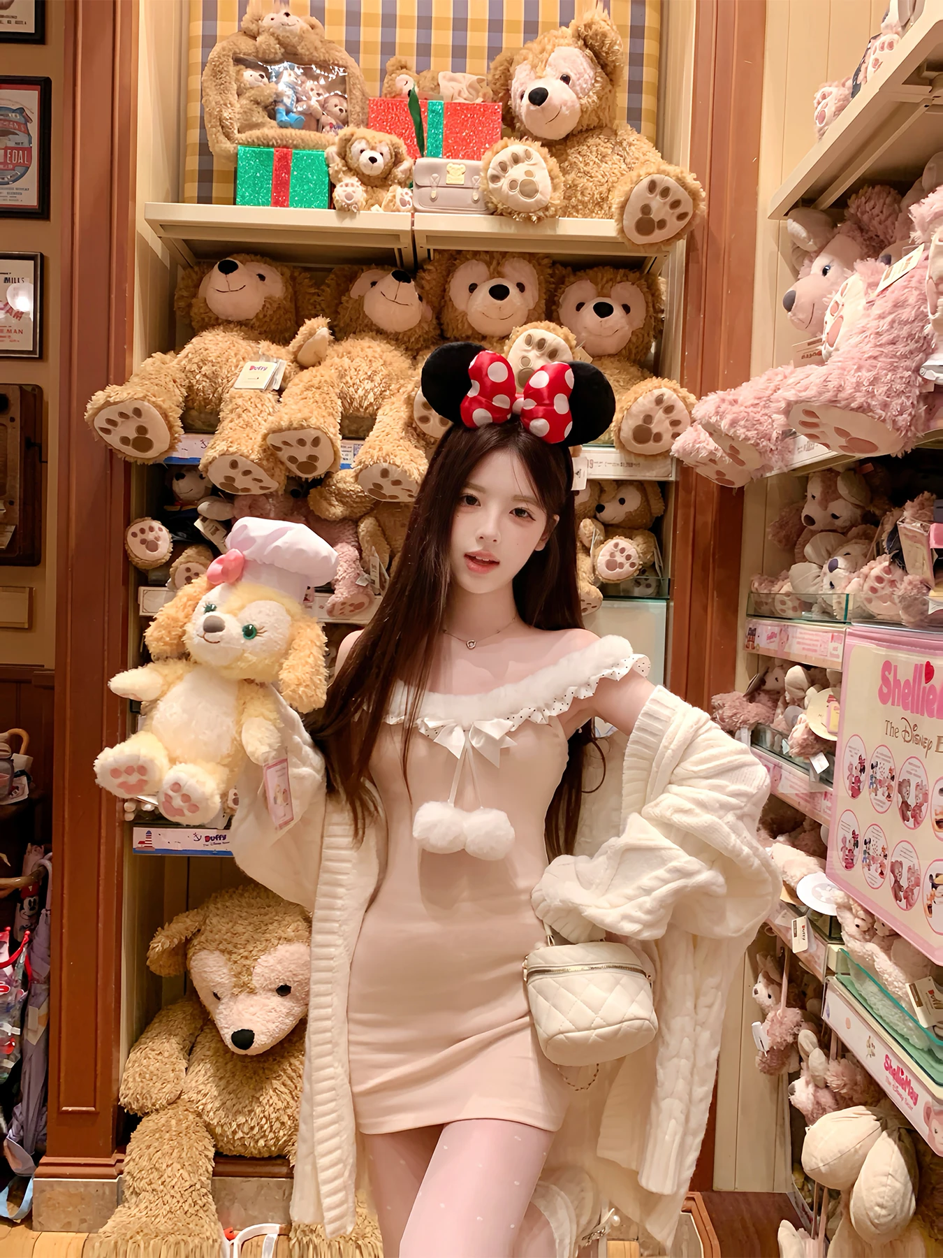 

Sweet Pure Desire Sle Women's Long Sve Knitted Dr Slim Fit with Fur Collar Pastel Pink Milk White Color Cotton Coat