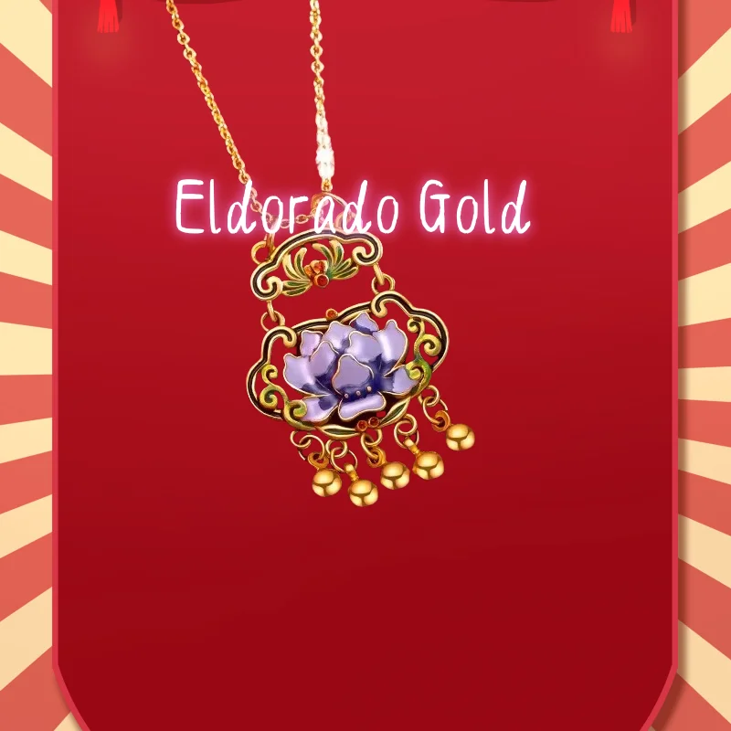 

2025 9999 Real Gold 24K Enamel Retro Style Lotus Lock Lady Pendant Burnt Blue Double Ring Ruyi Lotus Lock Necklace