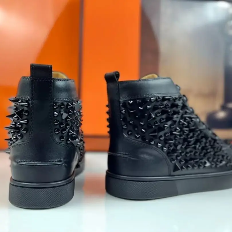Luxury High Top Black Leather Shoes Messy Spiked Studded Footwear Lace Up Red Bottom Shoes For Men Fashion  Wedding Casual Shoes
