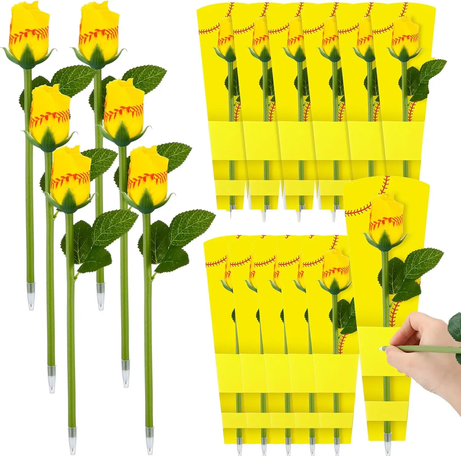 

12 Set Softball Rose Pens with Softball Cardboards Artificial Sports Flowers Bouquet Graduation Gifts for Soft Ball Fans