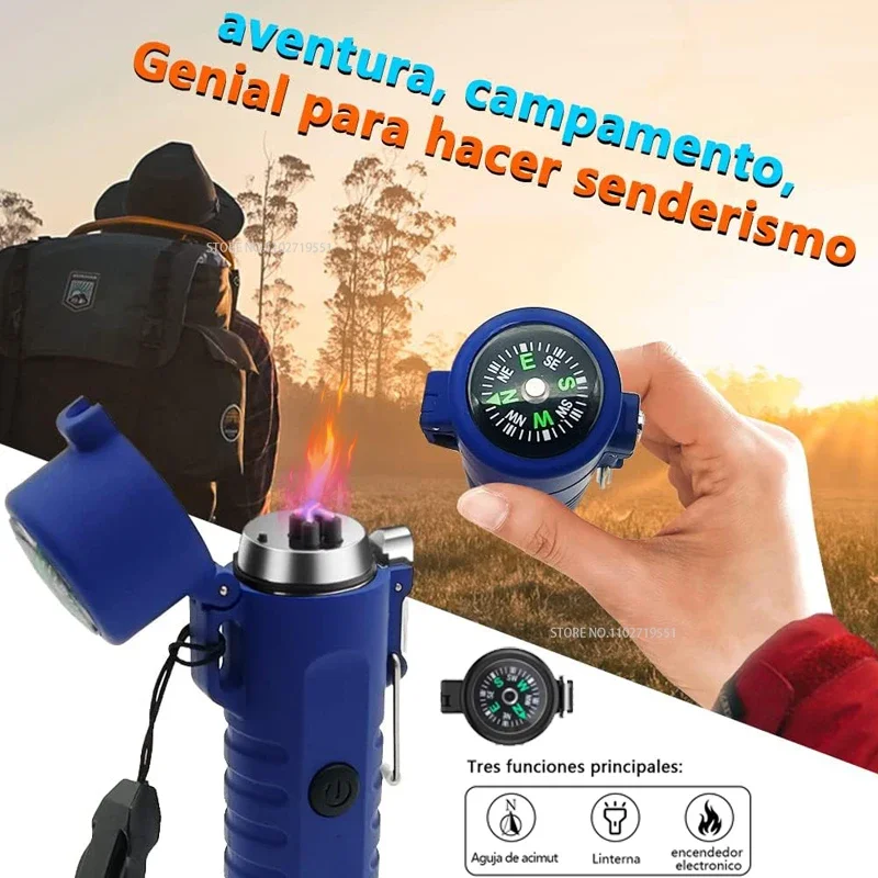 USB Rechargeable Dual Arc Plasma Lighter Outdoor Flashlight Lighter with Compass for Emergency Survival Kit, Adventure, Survival