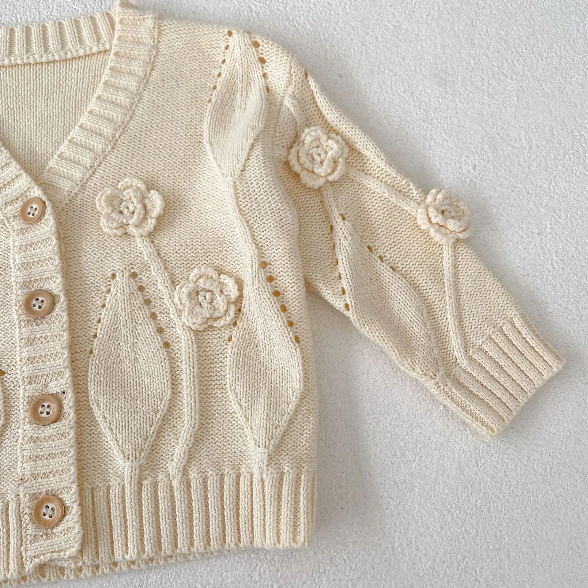 Baby Girl Long Sleeve V-Neck Flower Knitwear, Princess Sweater, Cardigan, Tops, Outwear, Roupas, Outono, 0-3 Anos