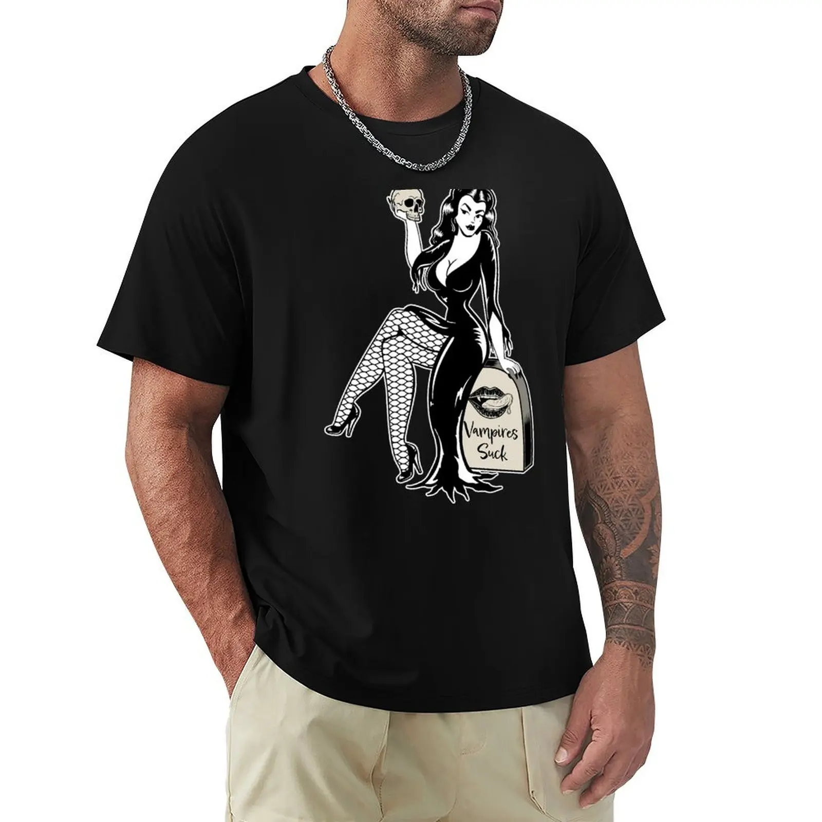 

Gothabilly Retro Pinup Girl Vampires Suck T-Shirt oversized shirts graphic tee Men's t shirts