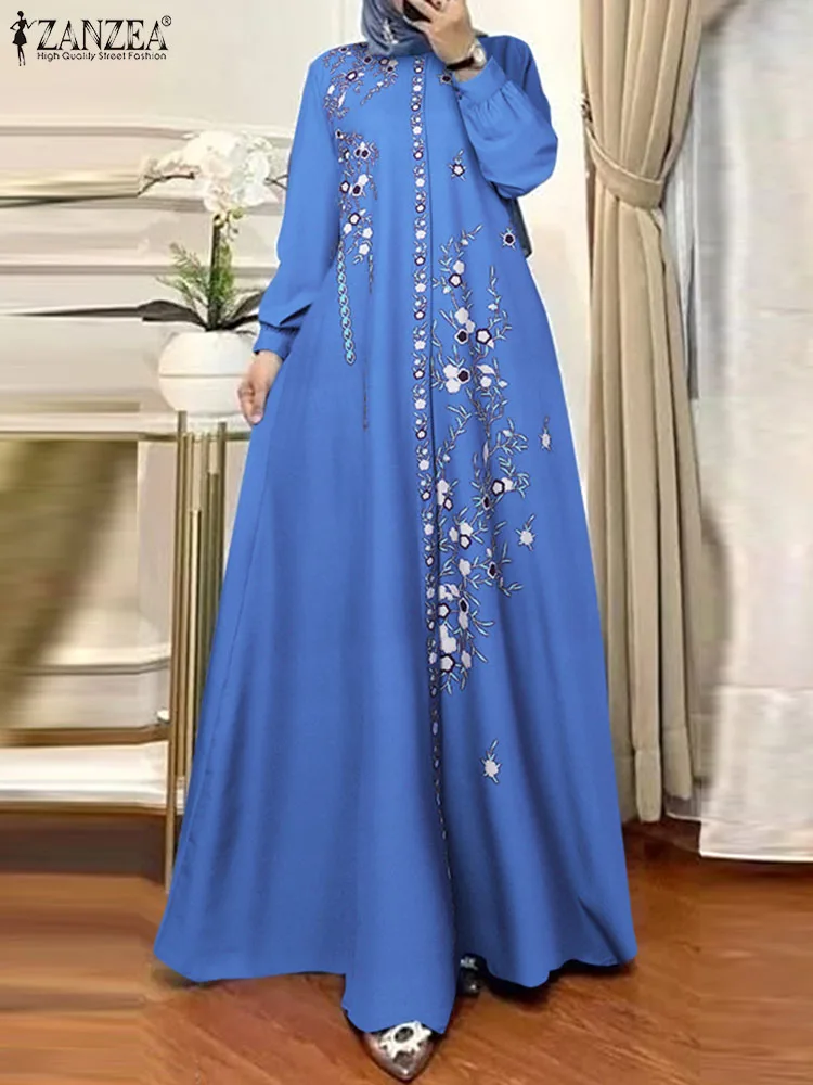 Eid Mubarek Abaya Muslim Fashion Long Dress ZANZEA Women Long Sleeve Floral Printed Robe Vestidos IsIamic Clothing Maxi Sundress