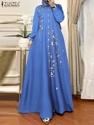 ZANZEA-Vestido estampado floral de manga comprida feminino, abaya, moda muçulmana, vestido de verão maxi, roupas Eid Mubarak