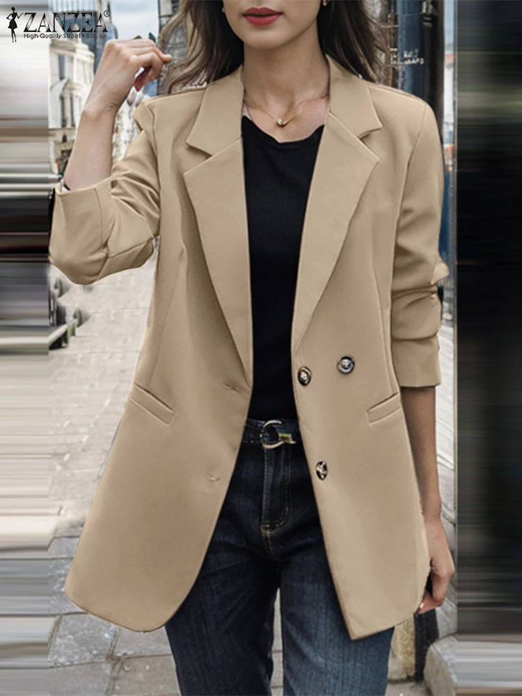 ZANZEA 2024 Casual Voering Jassen Vrouwen Solid Blazer Mode Herfst Platte Kraag Jassen Office Lady Pocket Lange Mouw Outwears