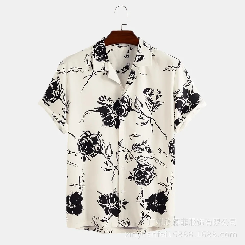 

2024 Japan and South Korea New Short-sleeved Individual Young Men's Shirts Hot Beach Shirts Printed Hawaiian Casual Men's Shirts