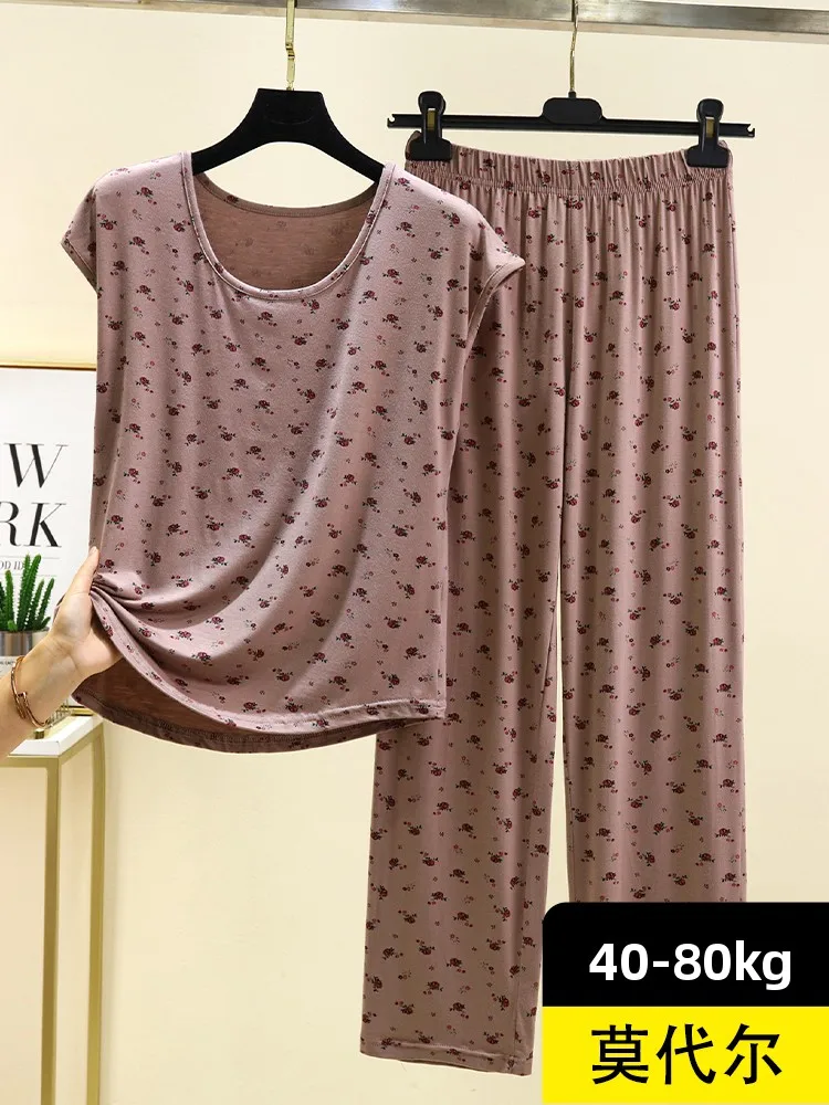 Set Celana Modal Round Ne Svel T-irt Wanita Musim Panas Longgar Motif Bunga Pakaian Rumah Kasual Ukuran Besar Spwear