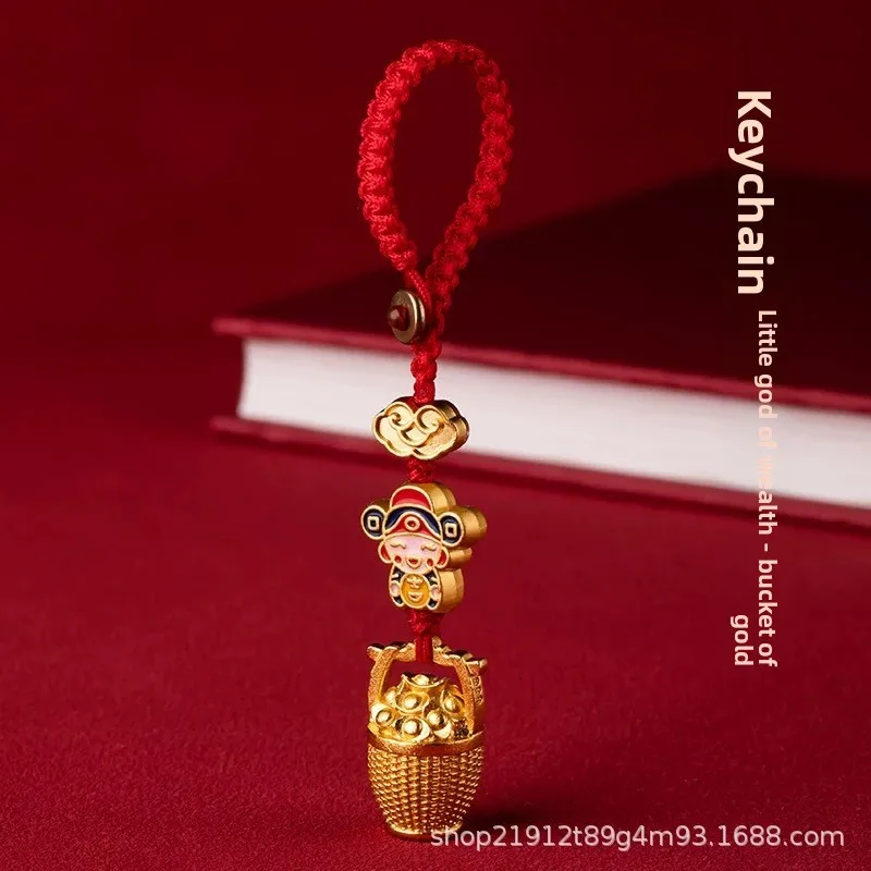 Chinese Style Auspicious God Of Wealth Pendant Lucky Wealth Attracting Enamel Sand Gold Craft Red Rope Hanging Ornament For Car