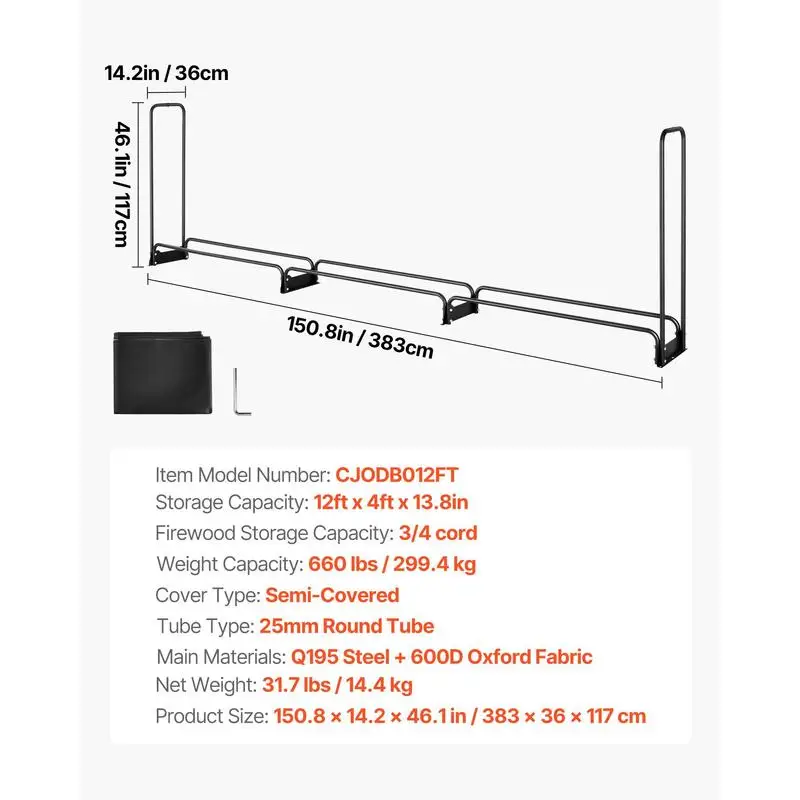 Support à bois en métal 386x36x117cm, structure en acier, revêtement poudré, capacité 400kg, avec housse imperméable, aide à l'empilage, abri à bois pour véranda, jardin, terrasse, cour