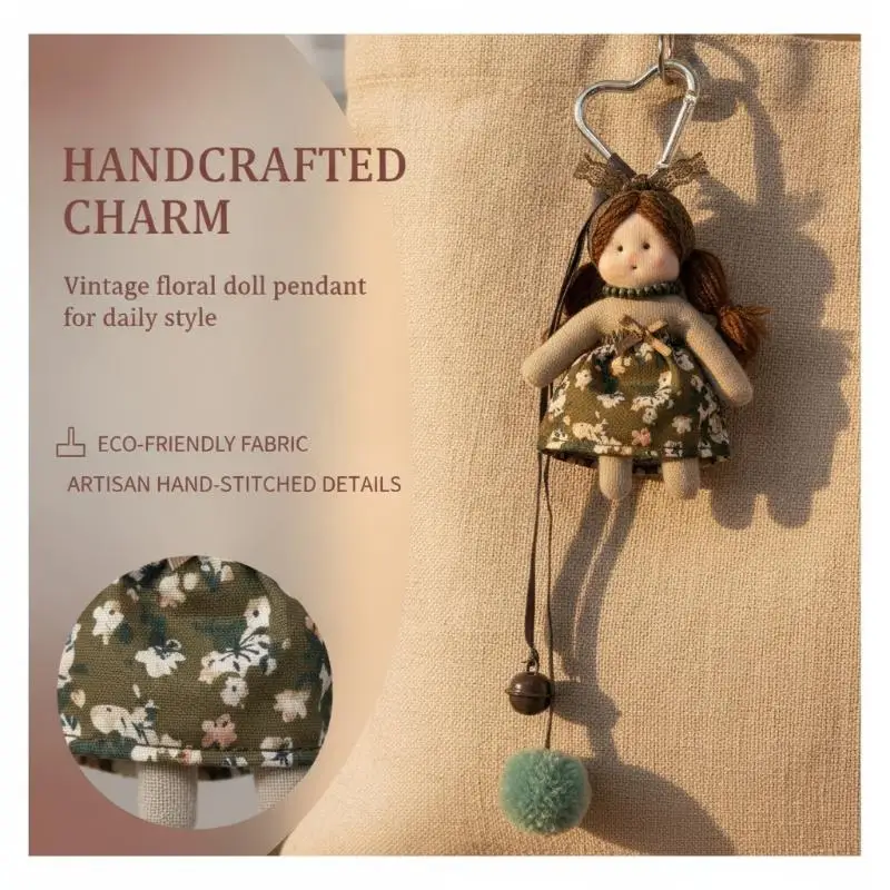 Niedlicher Schlüsselanhänger mit langhaariger Puppe, flauschigem Pompon und Blumenkleid-Anhänger für Teenager-Mädchen, Rucksack- und Handtaschen-Accessoire – Detail 2