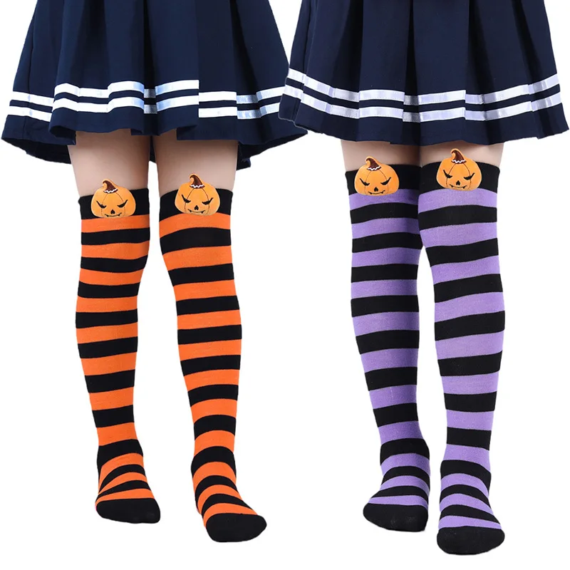 Kids Halloween Knee High Socks Soft Stripes Long Tube Socks Children Horror Pumpkin Demon Cosplay Stockings Party Costumes