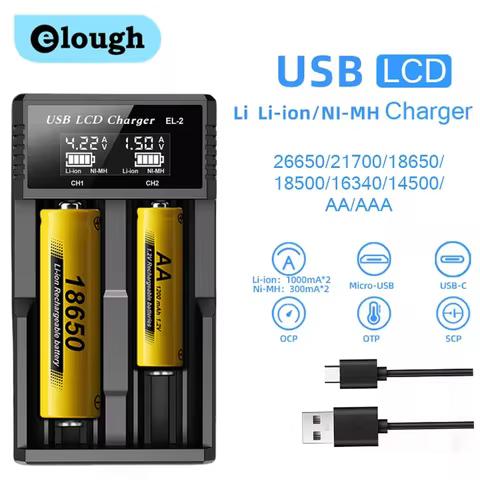 Elough Battery Charger 1/2/4 Slots Dual Charging 3.7V Rechargeable Lithium Battery USB Charger For 1.2V NI-MH AA / AAA Battery