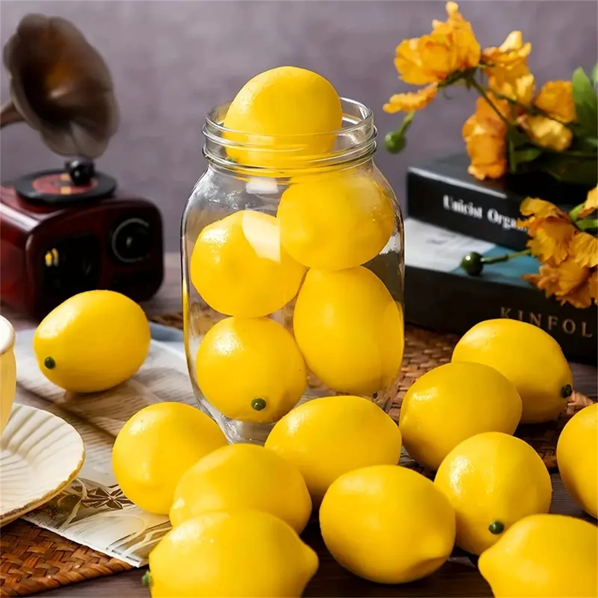 Katutude Fruit Artificiel, 12 Pcs Faux Citron Fruits Artificiels Modèle Réaliste Jaune Citron Fruits Plastique Decoration Plateaux Décoratifs pour Décoration de Maison, Cuisine
