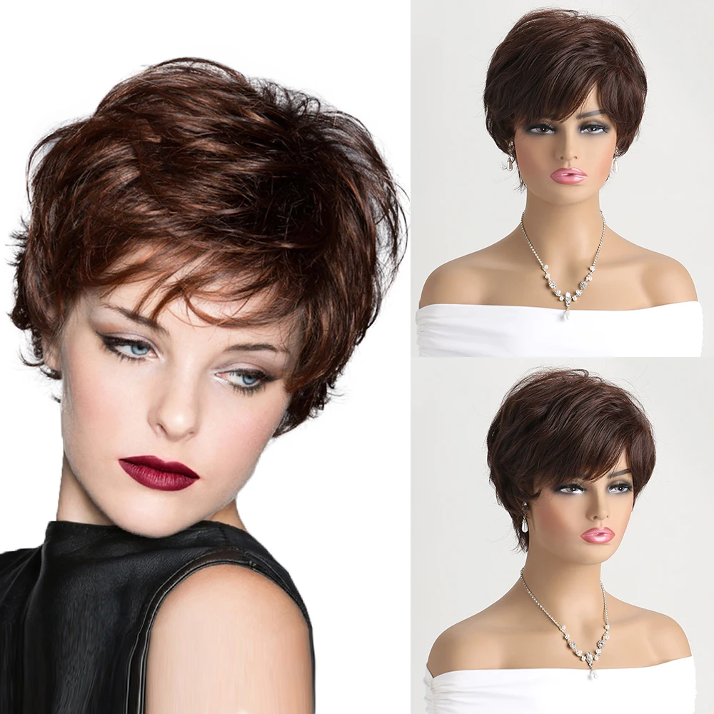 

Короткие синтетические натуральные парики с челкой, мягкие волосы для повседневного использования, короткие коричневые вьющиеся волосы с эффектом омбре, костюм, вечерние парик для женщин