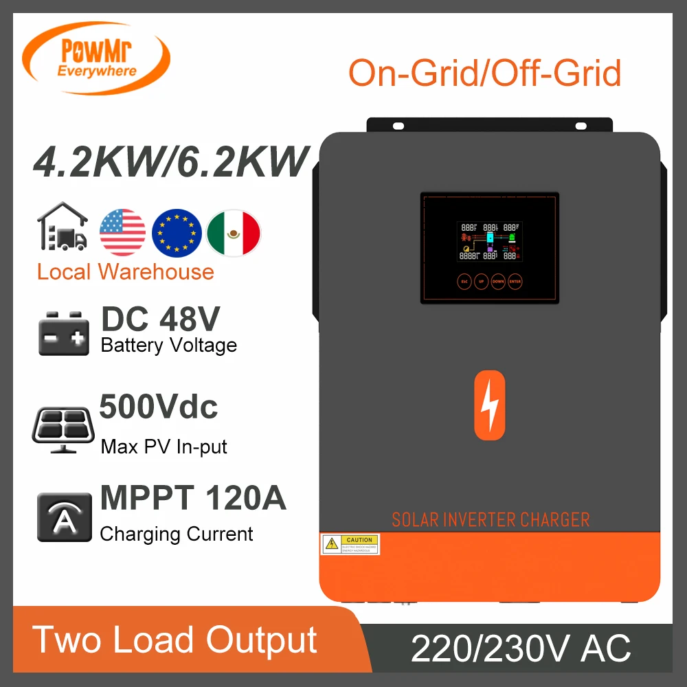 Inversor Powmr-mppt on Grid Off Grid Carregador Solar 120a 6.2kw 4.2kw dc 24v 48v 230vac Max pv 6200w 6500w para Carregador de Bateria